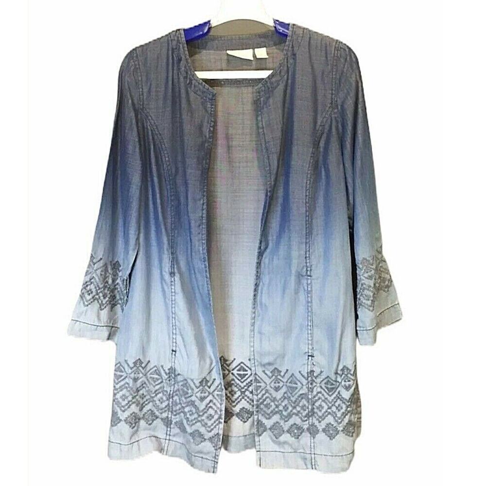 Chicos 0 US 4 Dip Dye Chambray Tunic Jacket Blue Ombre Embroidered Open Front